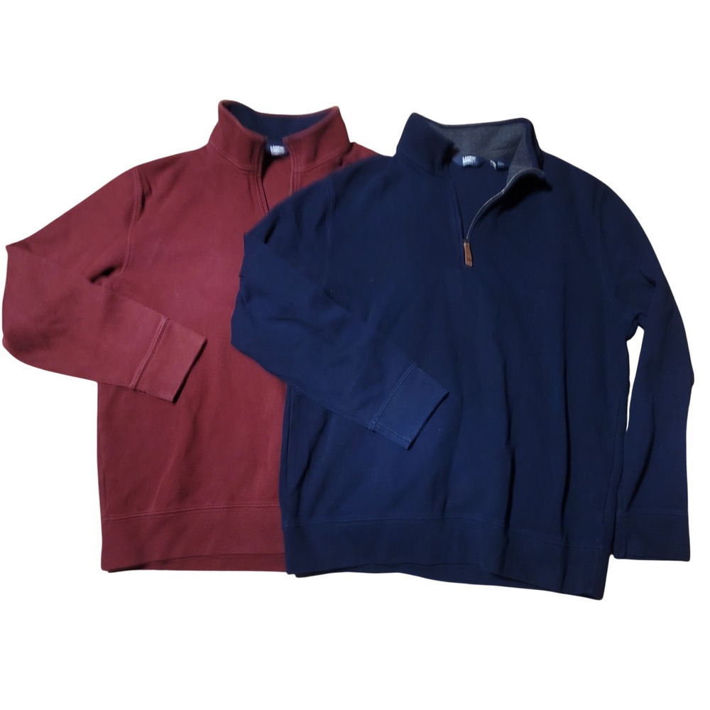 Lot of 2 Lands' End Men's Bedford Rib Blue Red 1/4 Zip Long Sleeve Soft Pullover